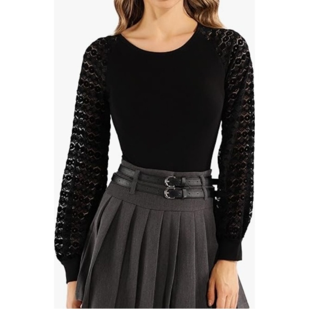 Mango Pop Lace Sleeve Bodysuit Long Sleeve Top Black XS Bodycon Sexy Chic NWT